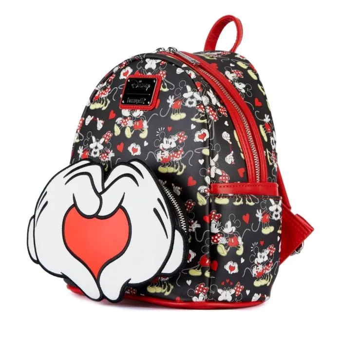 10" Disney : Mickey Mouse - Mickey and Minnie Heart Hands Faux Leather Mini Backpack Bag Loungefly