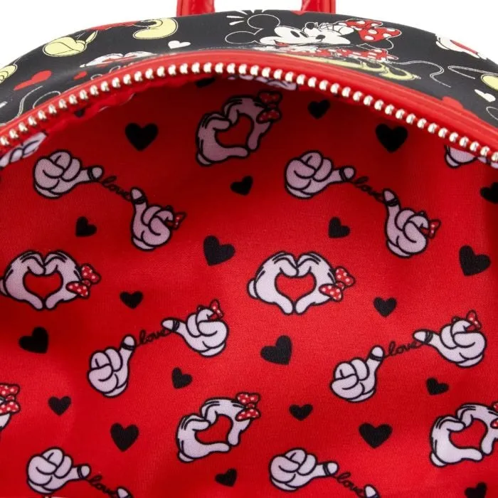 10" Disney : Mickey Mouse - Mickey and Minnie Heart Hands Faux Leather Mini Backpack Bag Loungefly