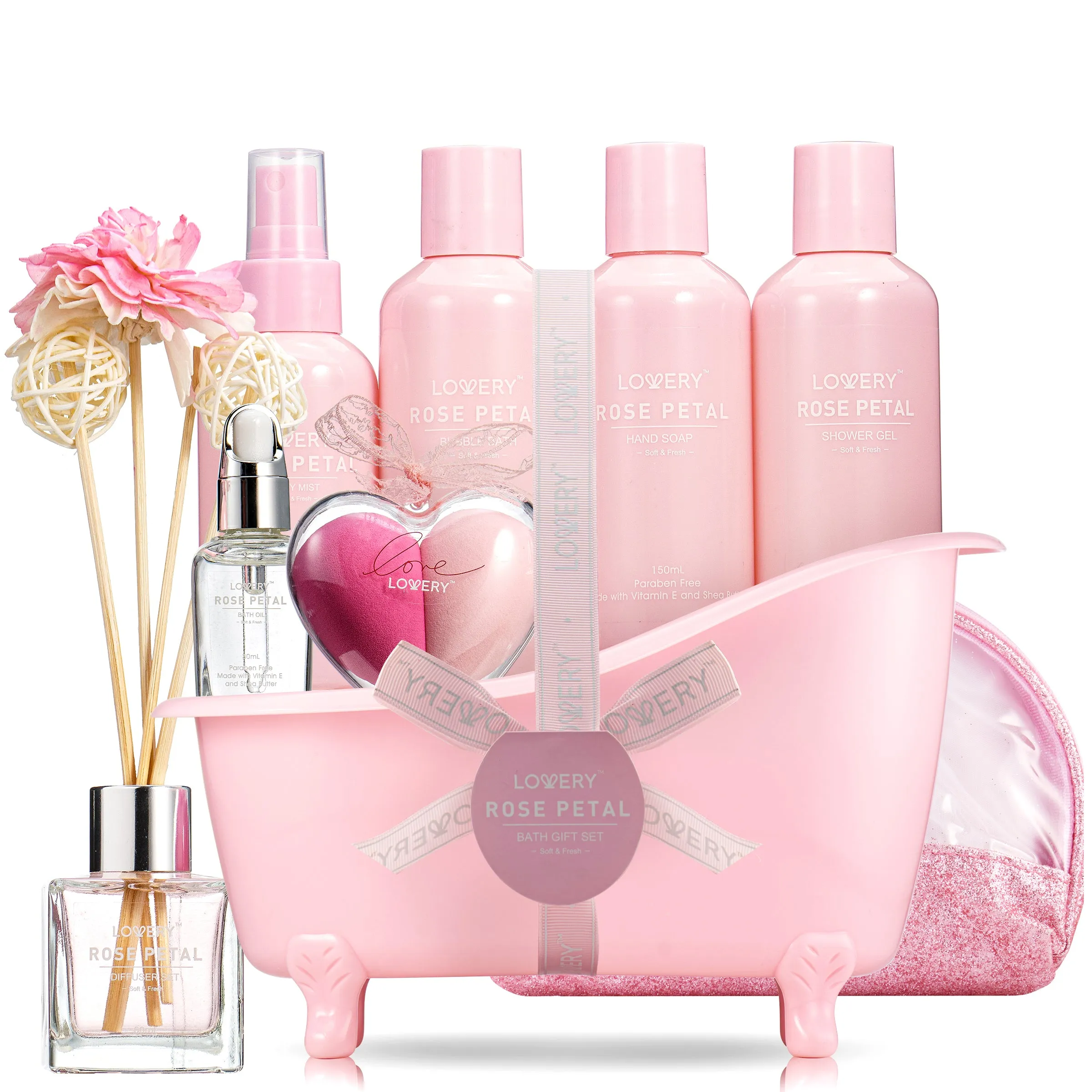 17pc Aromatherapy Set, Rose Petal Bath and Body Spa Kit with Oil Diffuser & More