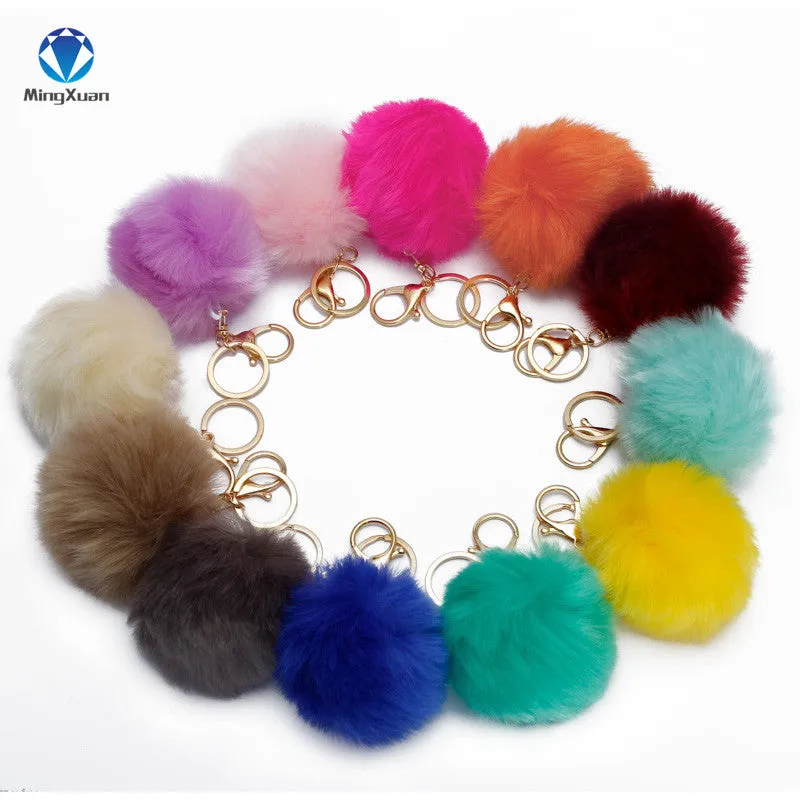 2017 1pcs Fake Fur Brand Bag Keychain 8cm Pompom Car Keyring Golden Chains pompons Fake Fox Rabbit Fur Charms Chain