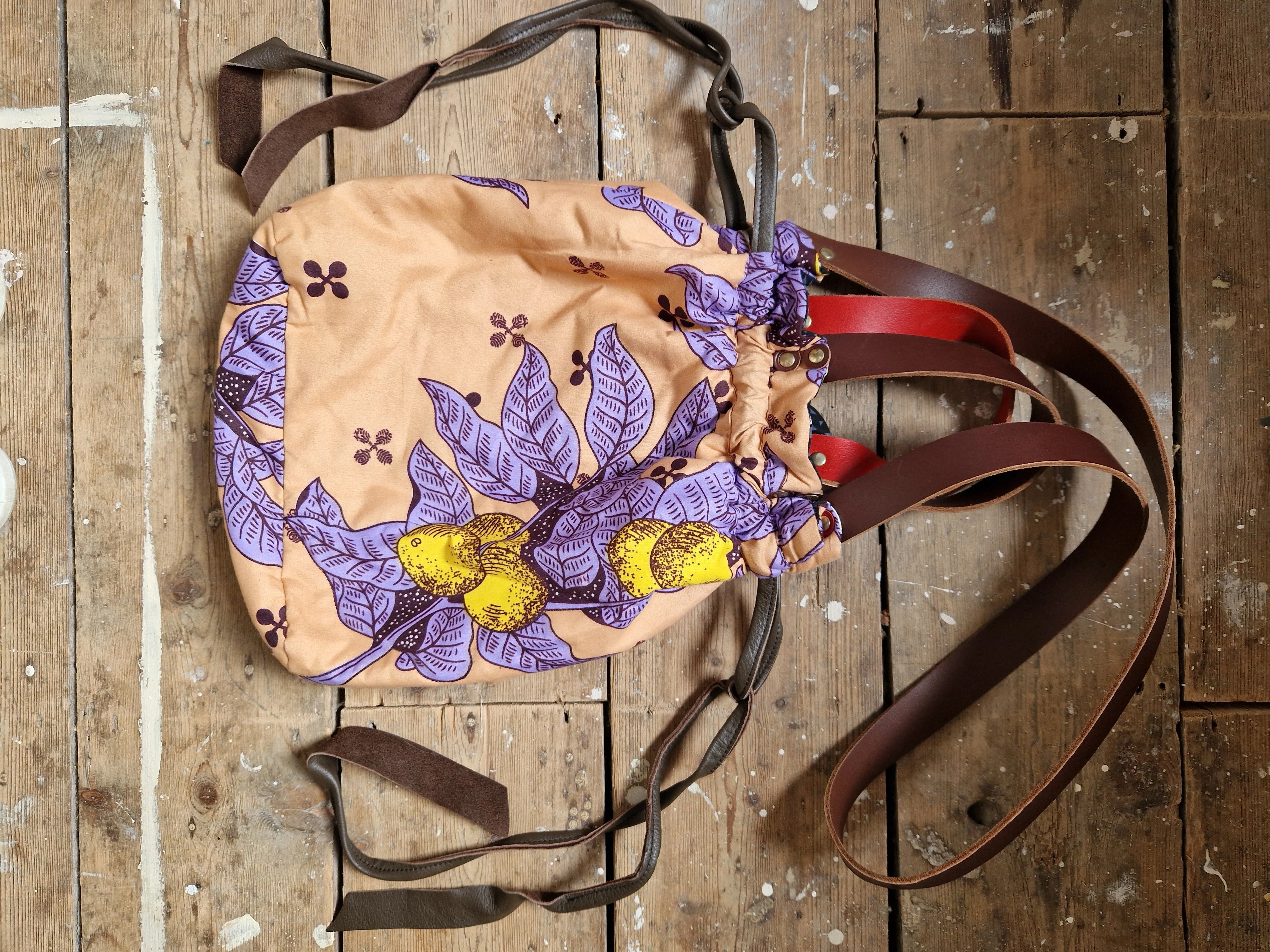 Archive Cotton batik lilac and yellow floral drawstring bag