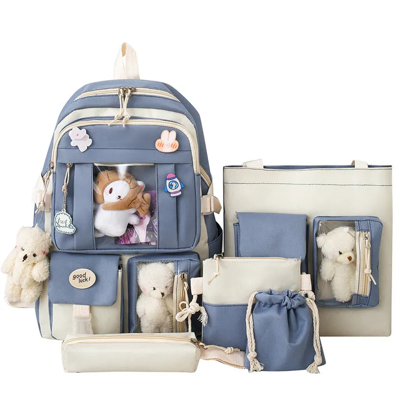 Backpack Korean Style Girls' Cute Bear Doll Backpack Large Capacity Sweet Five-Piece Schoolbag Junior's Schoolbag