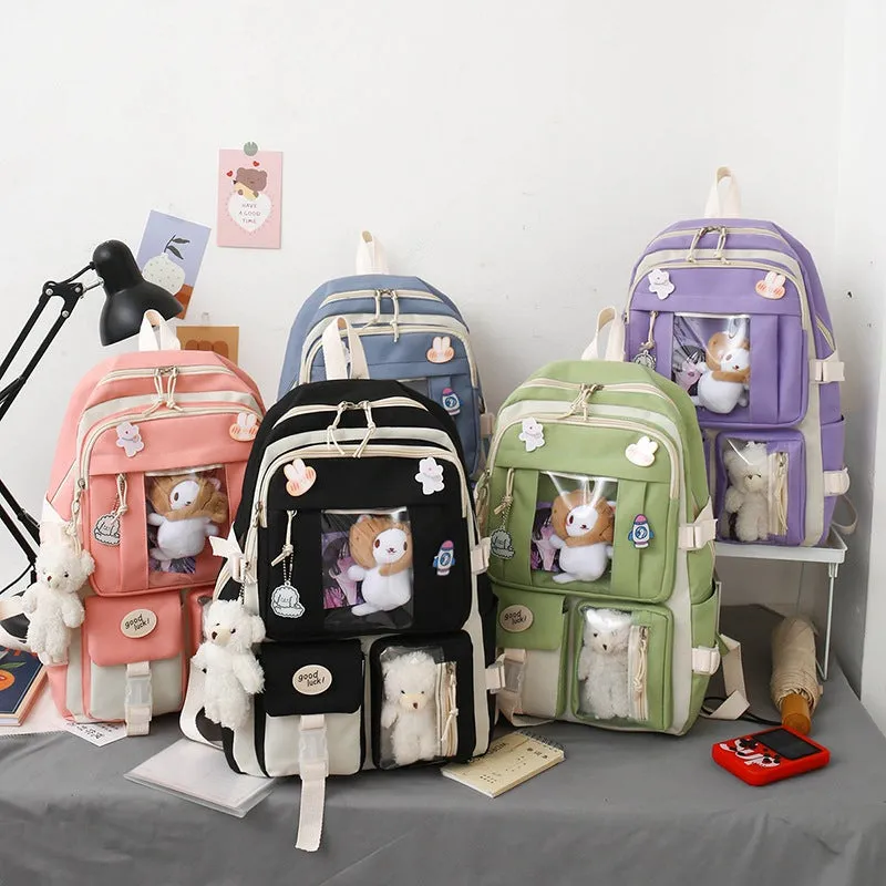 Backpack Korean Style Girls' Cute Bear Doll Backpack Large Capacity Sweet Five-Piece Schoolbag Junior's Schoolbag