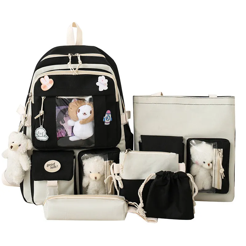 Backpack Korean Style Girls' Cute Bear Doll Backpack Large Capacity Sweet Five-Piece Schoolbag Junior's Schoolbag