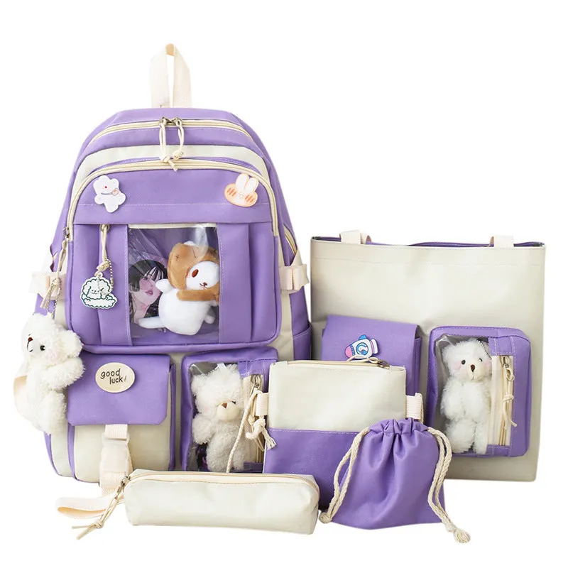 Backpack Korean Style Girls' Cute Bear Doll Backpack Large Capacity Sweet Five-Piece Schoolbag Junior's Schoolbag