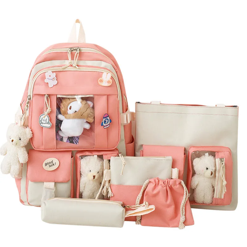 Backpack Korean Style Girls' Cute Bear Doll Backpack Large Capacity Sweet Five-Piece Schoolbag Junior's Schoolbag