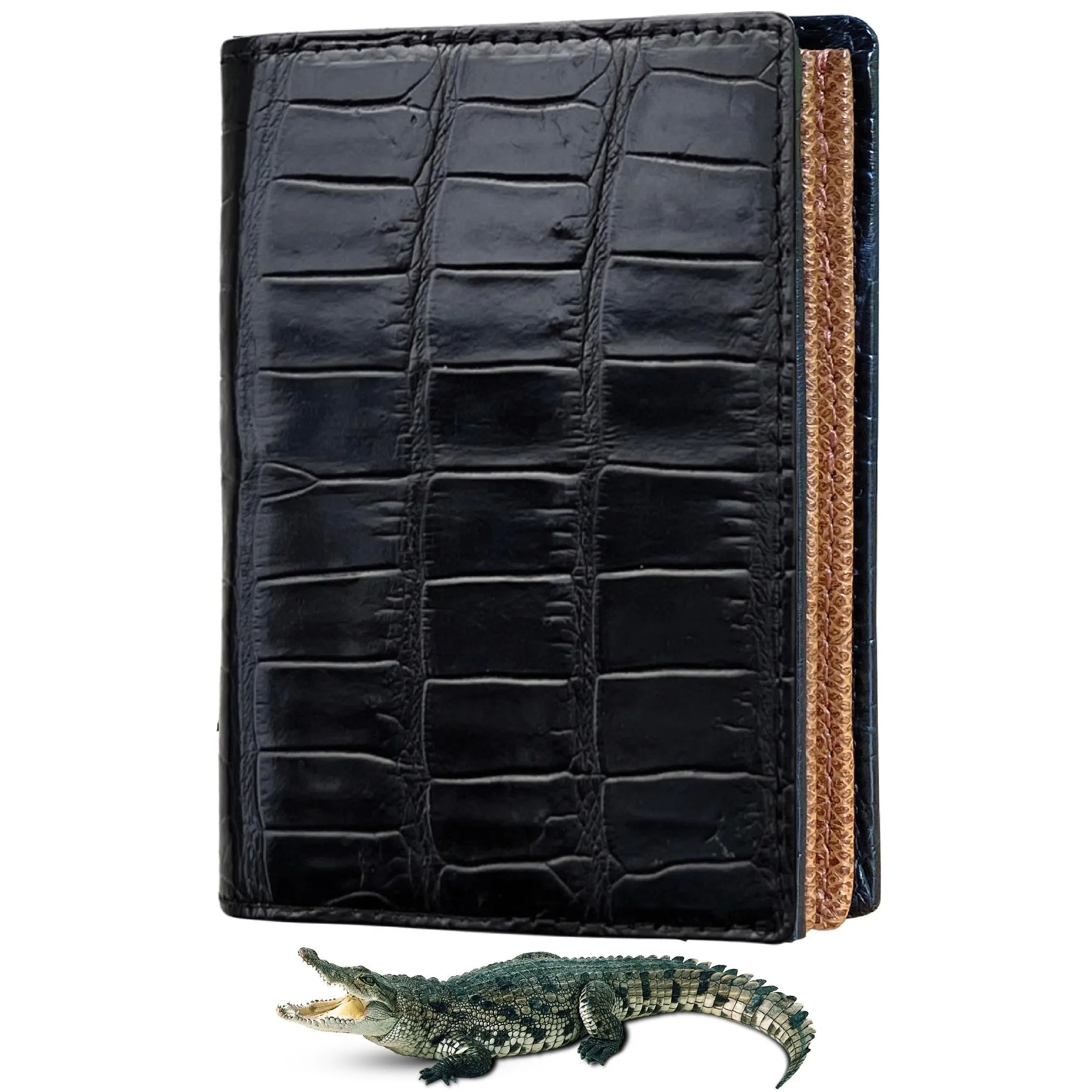 Black Alligator Leather Vertical Bifold Wallet Large Capacity | DUN16