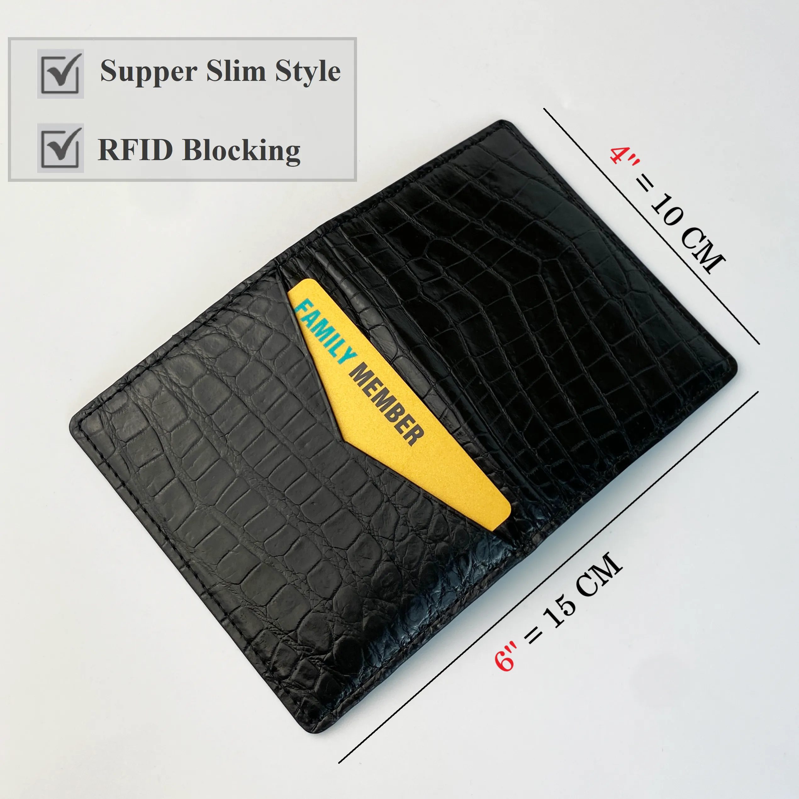 Black Slim Alligator Leather Credit Card Holder Double Side Crocodile Skin RFID Blocking | VINAM-84