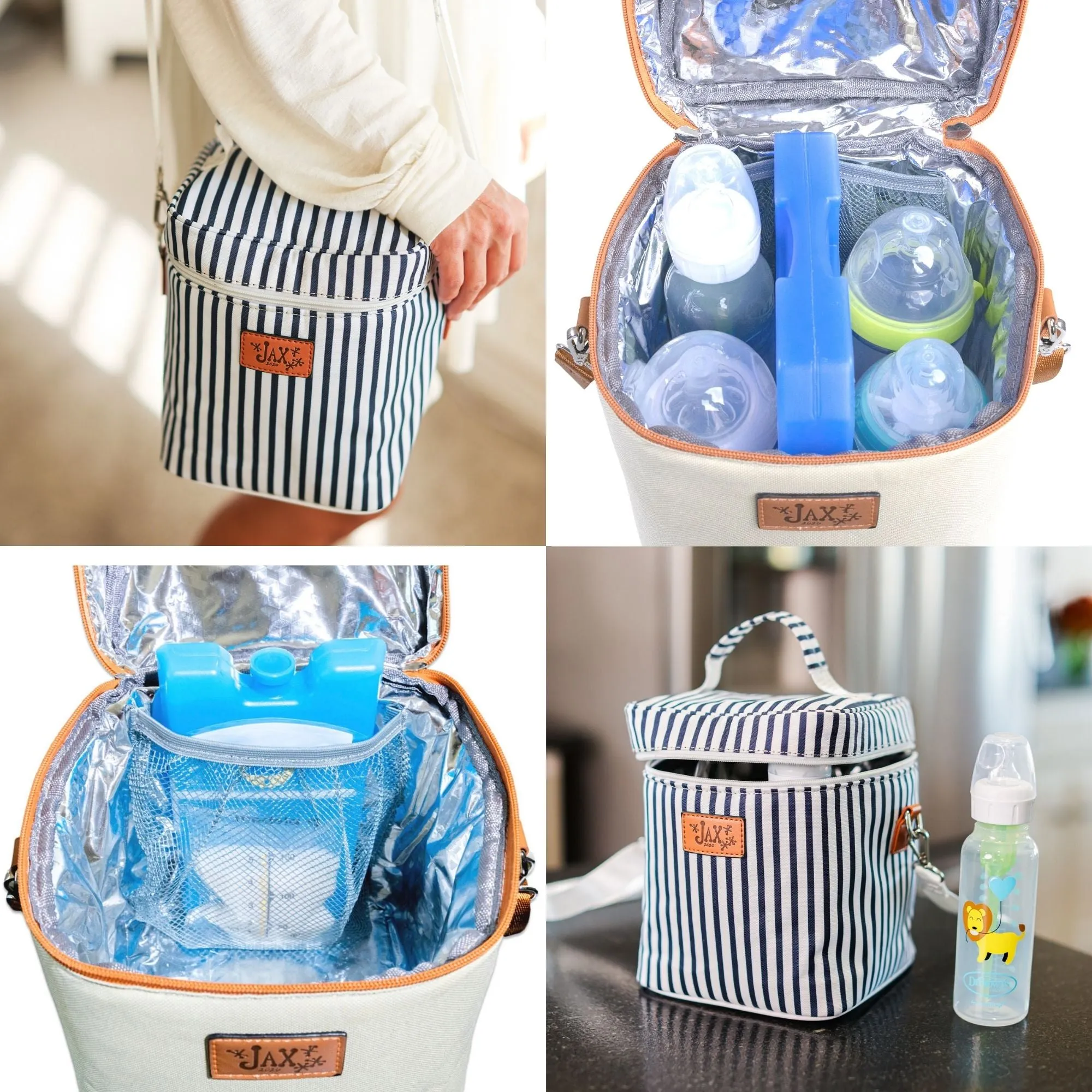 Breastmilk Cooler Bag DUO | 2 Lunch Bags - Insulated Container for 6 Large Bottles or Storage Bags (Nautical Blue Stripe   Boho Cream)