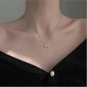 Butterfly Pendant 2 Layer Chain Necklace, Silver