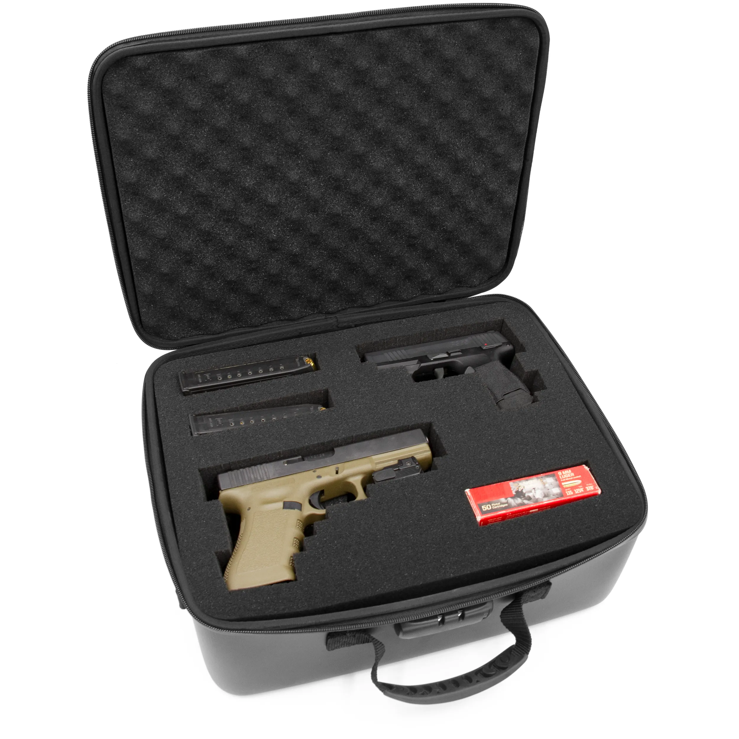 CASEMATIX Locking Gun Case Pistol Range Bag - Durable EVA Gun Bag with Two Layers of Customizable Foam for Up To 4 Handguns with Shoulder Strap