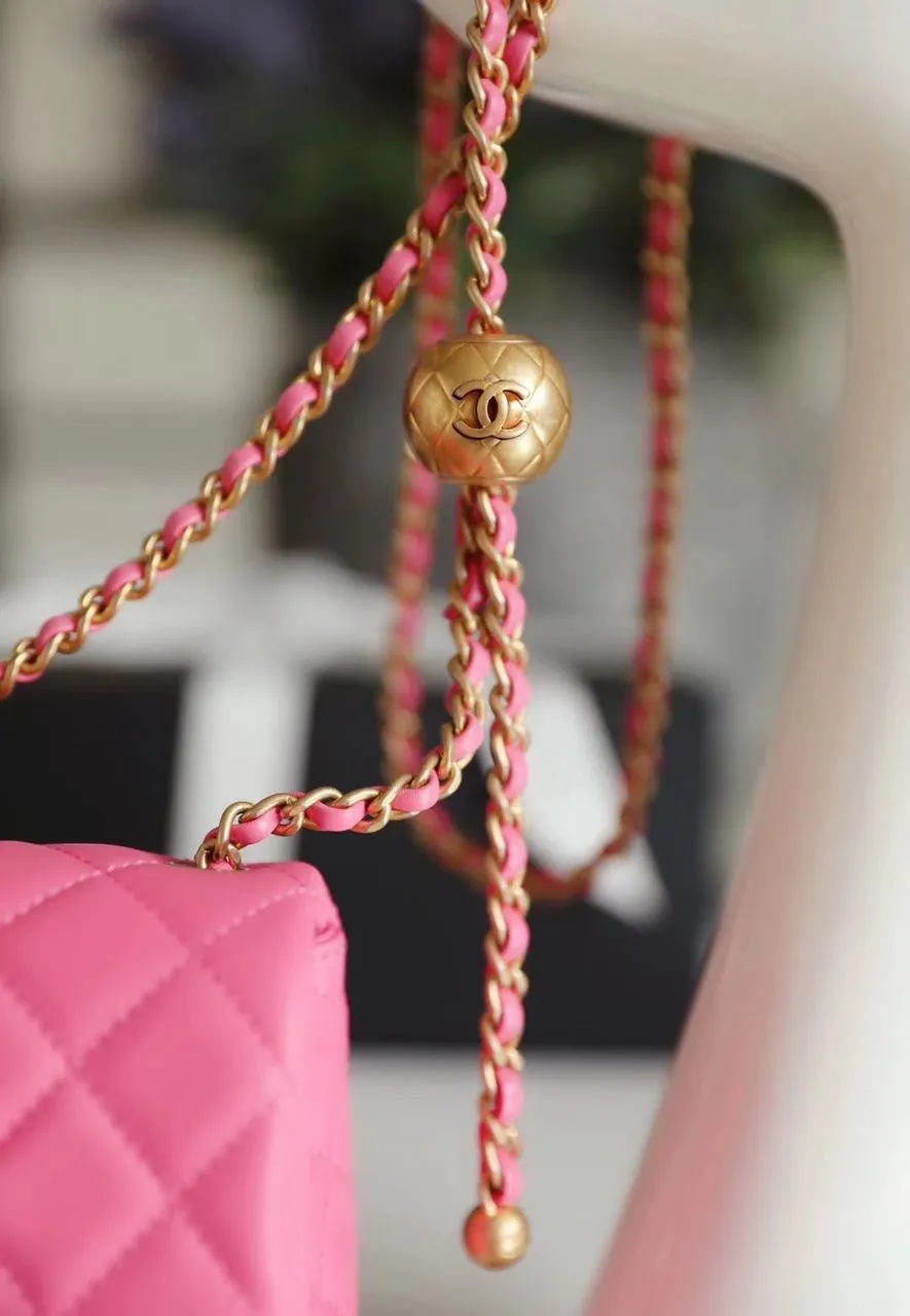 CHL Classic Flap With Charm Chain With CHL Ball On Strap Bag 20cm Gold Toned Hardware Lambskin Leather Spring/Summer Collection, Pink