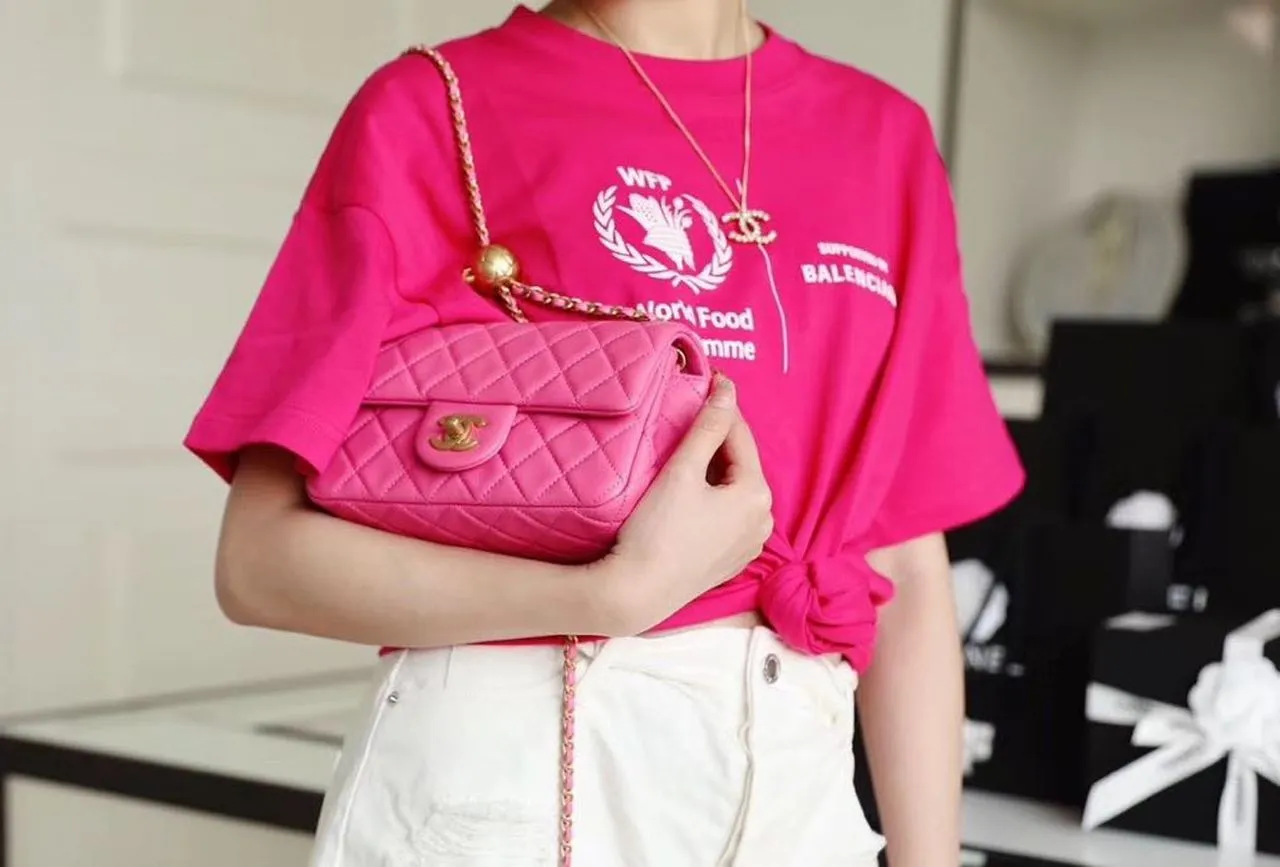 CHL Classic Flap With Charm Chain With CHL Ball On Strap Bag 20cm Gold Toned Hardware Lambskin Leather Spring/Summer Collection, Pink