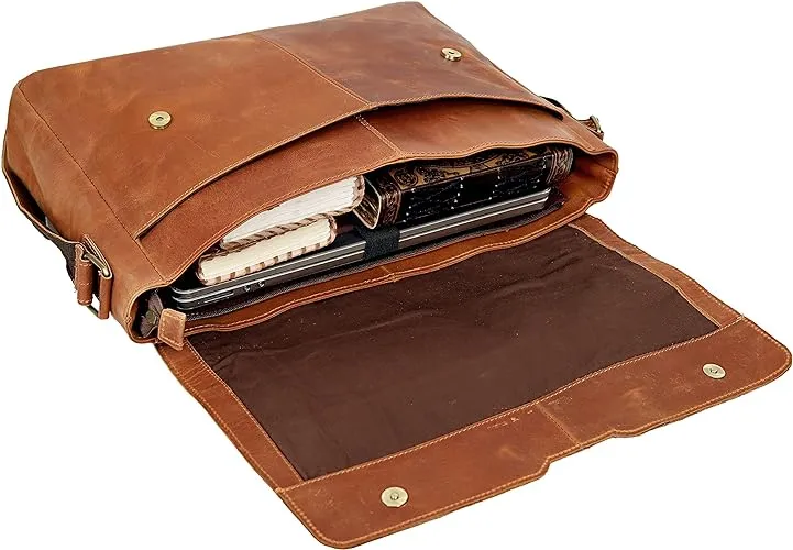 Classic Elegance: 18-Inch Vintage Leather Full Flap Messenger Laptop Bag - Vintage Leather Messenger bag - Retro Themed Messenger bag