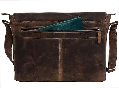 Classic Elegance: 18-Inch Vintage Leather Full Flap Messenger Laptop Bag - Vintage Leather Messenger bag - Retro Themed Messenger bag