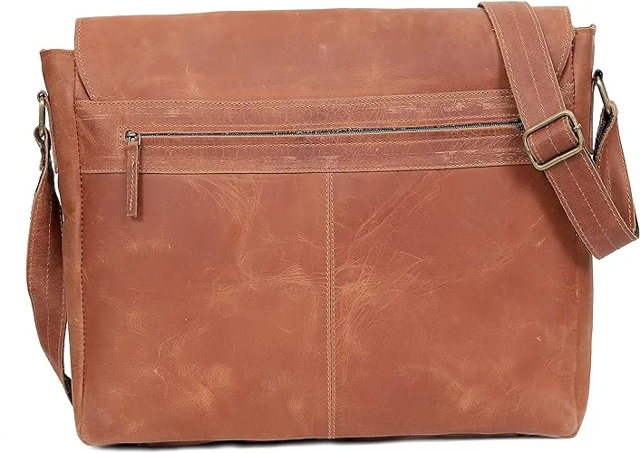 Classic Elegance: 18-Inch Vintage Leather Full Flap Messenger Laptop Bag - Vintage Leather Messenger bag - Retro Themed Messenger bag