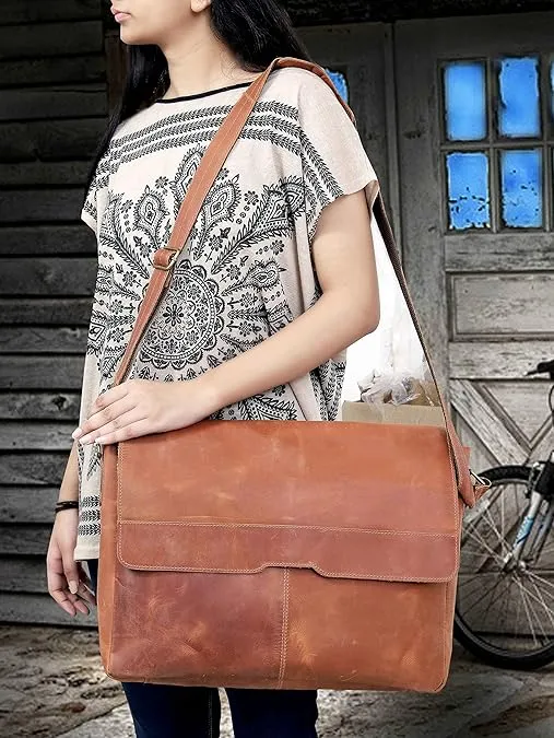 Classic Elegance: 18-Inch Vintage Leather Full Flap Messenger Laptop Bag - Vintage Leather Messenger bag - Retro Themed Messenger bag