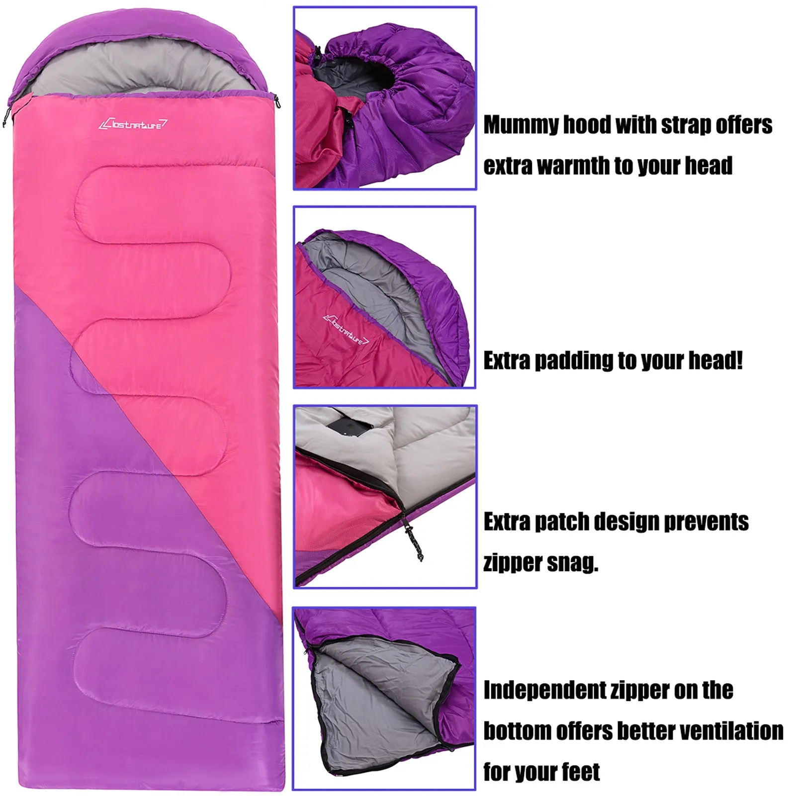 Clostnature Sleeping Bag for Adults and Kids - Lightweight Camping Sleeping Bag for Girls, Boys, Youths（Right zipper）