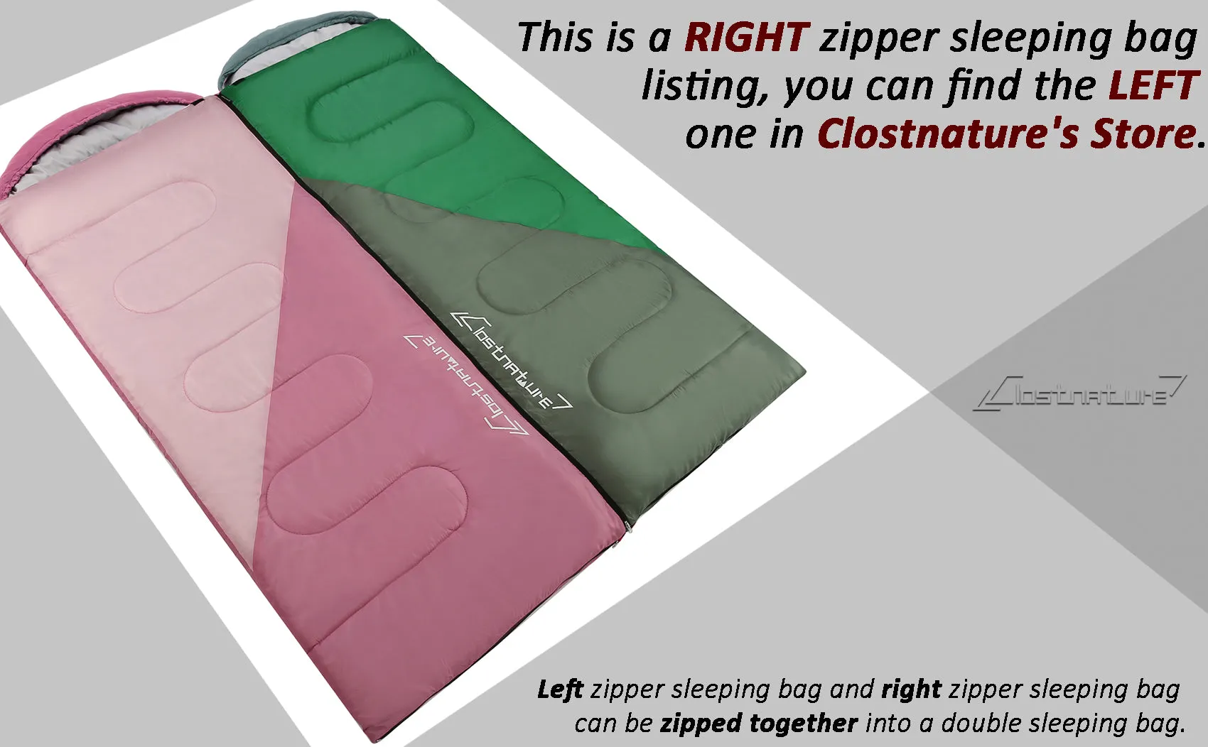 Clostnature Sleeping Bag for Adults and Kids - Lightweight Camping Sleeping Bag for Girls, Boys, Youths（Right zipper）