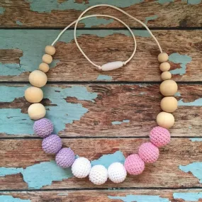 Crochet and Wood Bead Nursing Necklace - Pink/White/Lavender