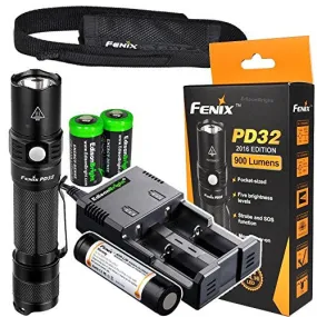 Fenix PD32 2016 Edition 900 Lumen CREE LED Tactical Flashlight with genuine Fenix ARB-L2M battery, EdisonBright smart Charger and Two EdisonBright CR123A Lithium Batteries bundle