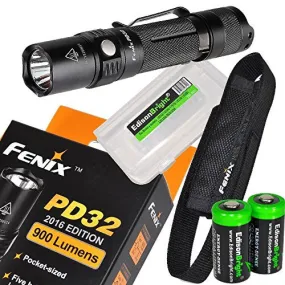 Fenix PD32 2016 Edition 900 Lumen CREE LED Tactical Flashlight with holster, lanyard, Two EdisonBright CR123A Lithium Batteries and EdisonBright battery box bundle