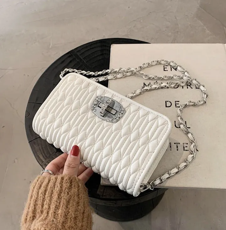 French bag women's bag popular new trendy style pleated wrinkle chain embroidery rhinestone small square bag