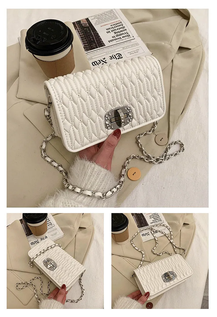 French bag women's bag popular new trendy style pleated wrinkle chain embroidery rhinestone small square bag