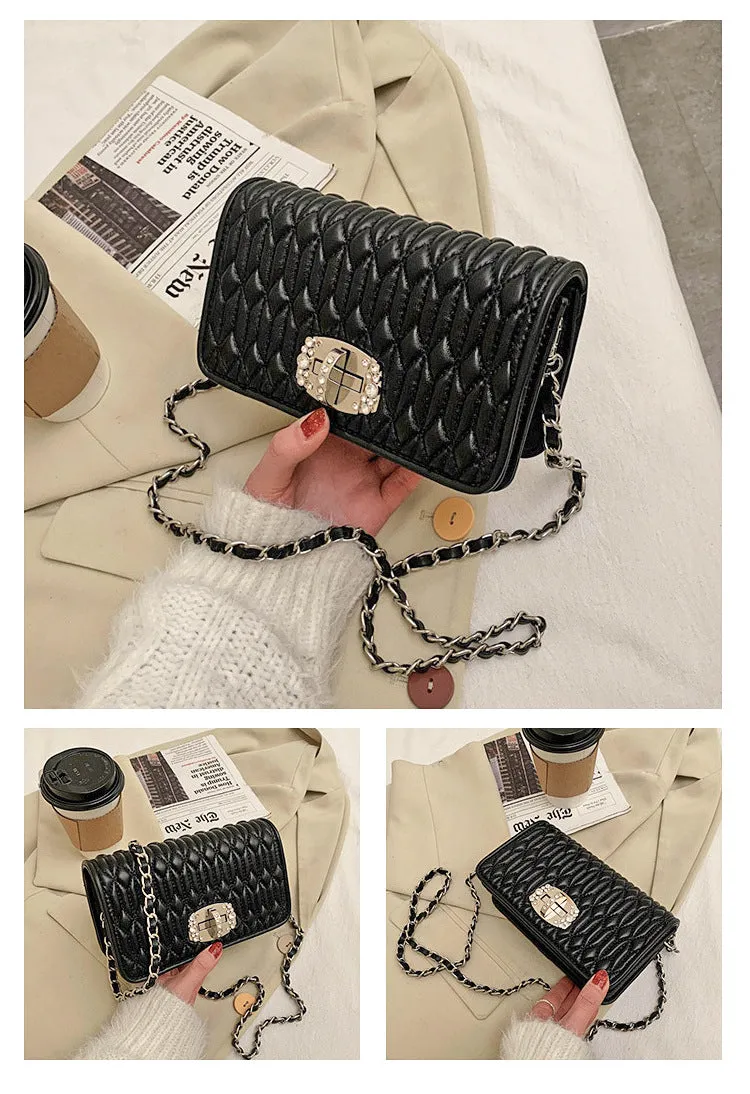 French bag women's bag popular new trendy style pleated wrinkle chain embroidery rhinestone small square bag