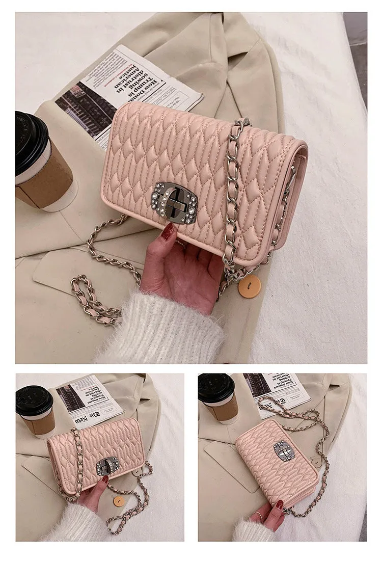 French bag women's bag popular new trendy style pleated wrinkle chain embroidery rhinestone small square bag