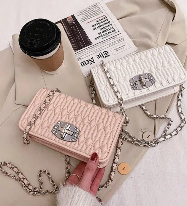 French bag women's bag popular new trendy style pleated wrinkle chain embroidery rhinestone small square bag