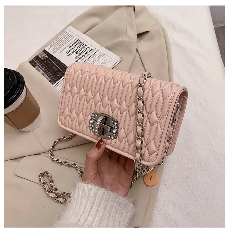 French bag women's bag popular new trendy style pleated wrinkle chain embroidery rhinestone small square bag