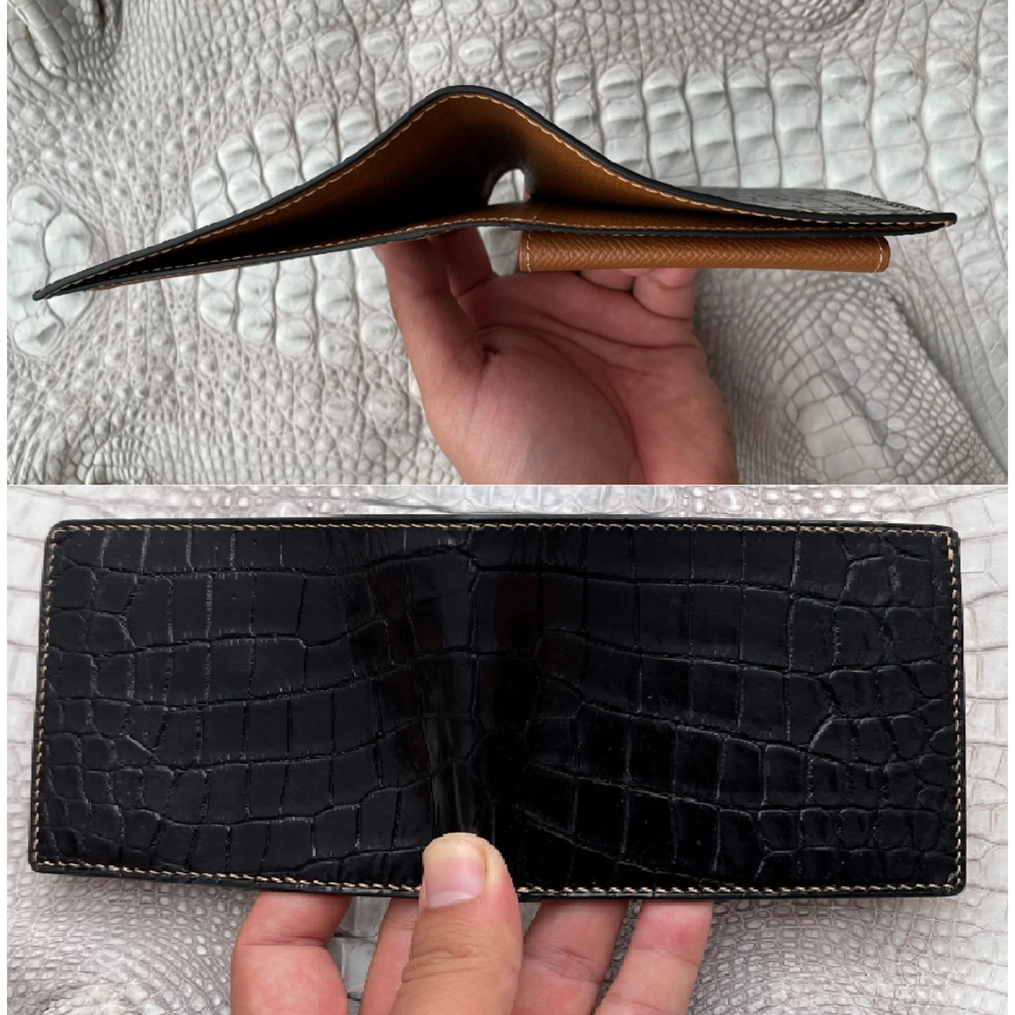 Hand-stitched Black Alligator Leather Bifold Wallet | RFID Blocking | Coin Pocket | VINAM-94