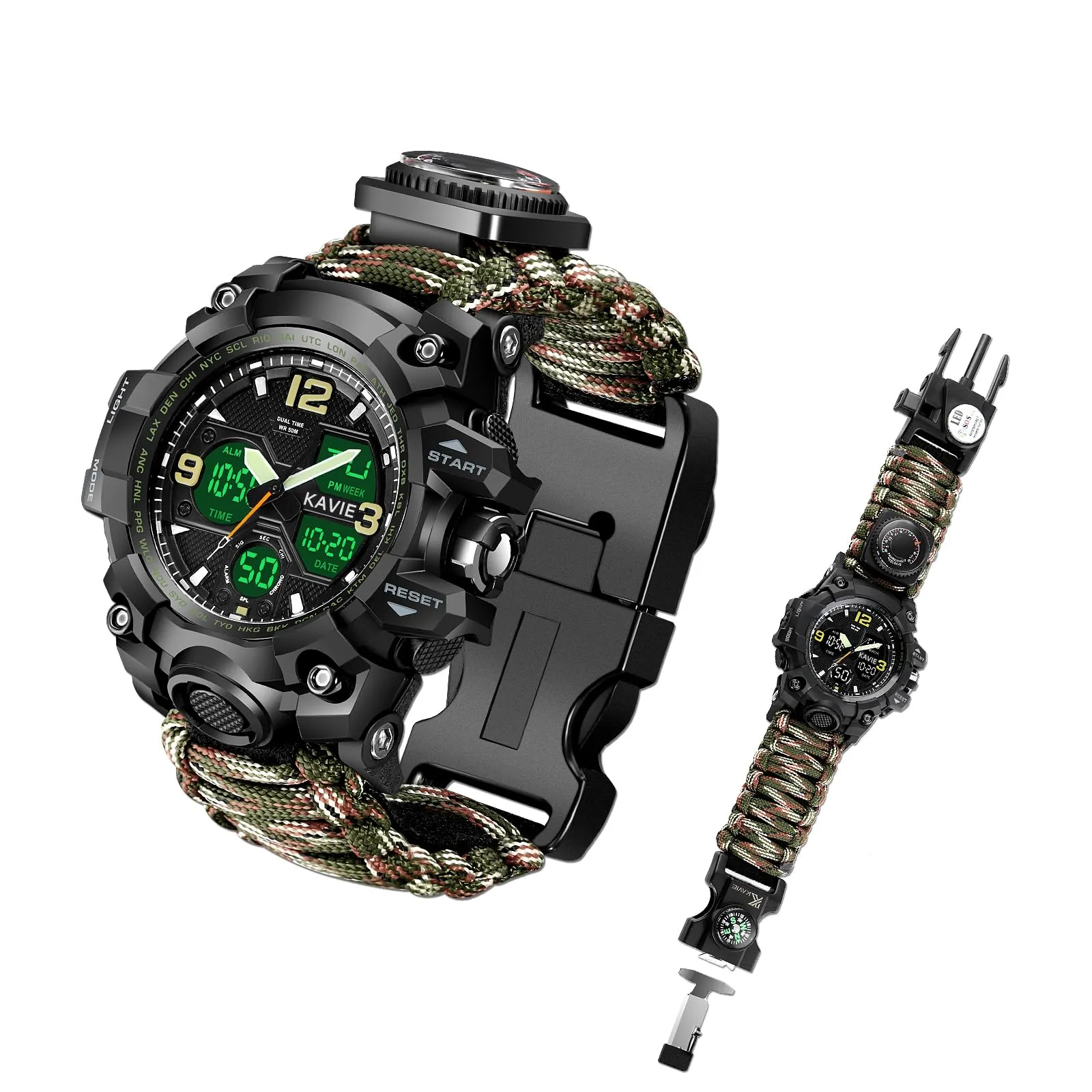 Kavie Men's Military Survival Compass Watch, 23-in-1 Tactical Multi-Functional Outdoors Sports Watches Dual Display Analog LED Electronic Wristwatches with Paracord Band