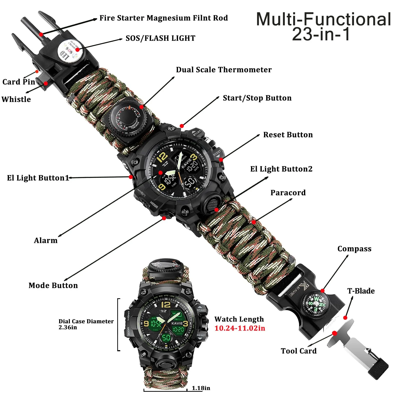 Kavie Men's Military Survival Compass Watch, 23-in-1 Tactical Multi-Functional Outdoors Sports Watches Dual Display Analog LED Electronic Wristwatches with Paracord Band