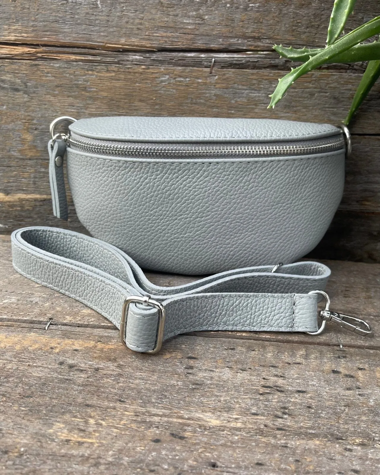 Leather Belt Bag - Pale Grey With Silver Finishings