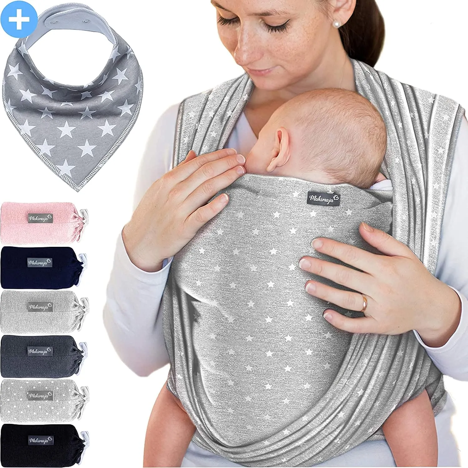 Light Grey Baby Wrap Carrier with Stars Soft Cotton Newborns & Babies Up to 15kg