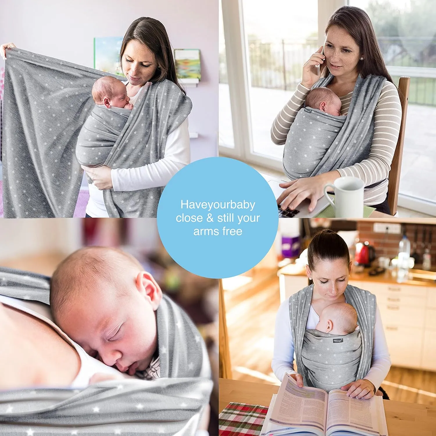 Light Grey Baby Wrap Carrier with Stars Soft Cotton Newborns & Babies Up to 15kg