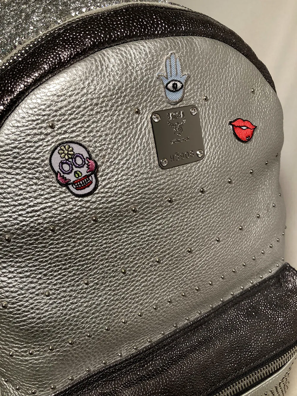 MCM Special Edition Silver Leather Swarovski Crystal Backpack with Rabbit Charm