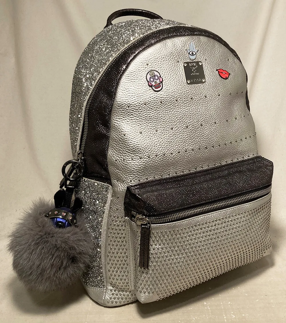 MCM Special Edition Silver Leather Swarovski Crystal Backpack with Rabbit Charm