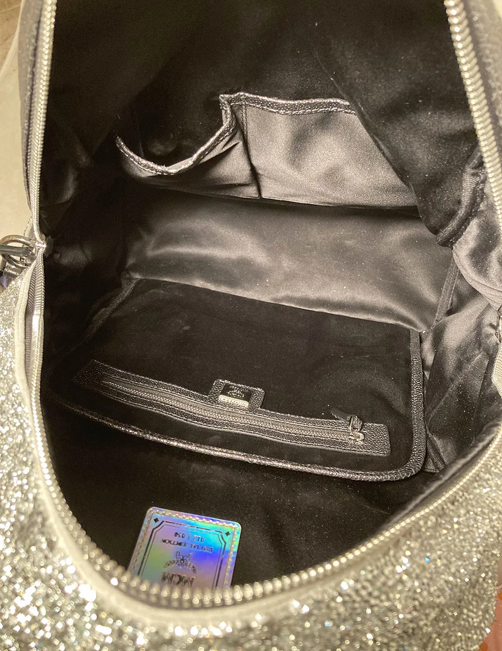 MCM Special Edition Silver Leather Swarovski Crystal Backpack with Rabbit Charm