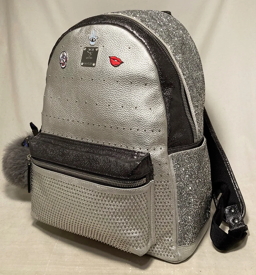 MCM Special Edition Silver Leather Swarovski Crystal Backpack with Rabbit Charm