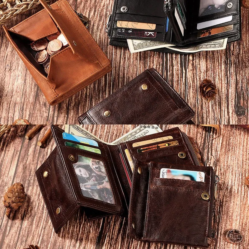 Men Genuine Leather RFID Anti-theft Double Zipper Retro Business Multi Card Slot Holder Wallet