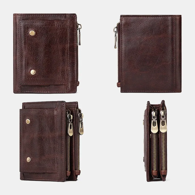 Men Genuine Leather RFID Anti-theft Double Zipper Retro Business Multi Card Slot Holder Wallet