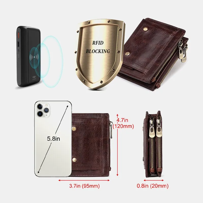 Men Genuine Leather RFID Anti-theft Double Zipper Retro Business Multi Card Slot Holder Wallet