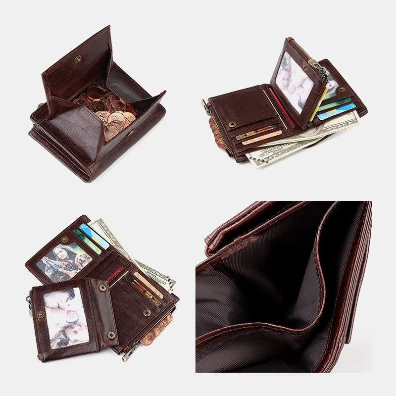 Men Genuine Leather RFID Anti-theft Double Zipper Retro Business Multi Card Slot Holder Wallet