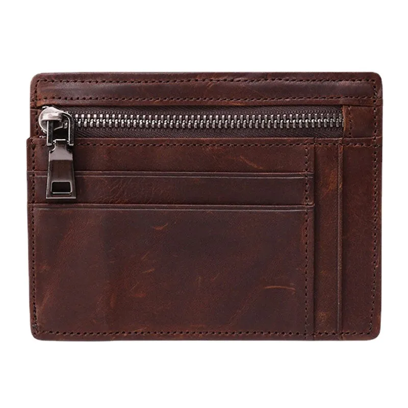 Men Genuine Leather Viintage RFID Blocking Anti-Theft Thin Cash Wallet Zipper Coin Bag