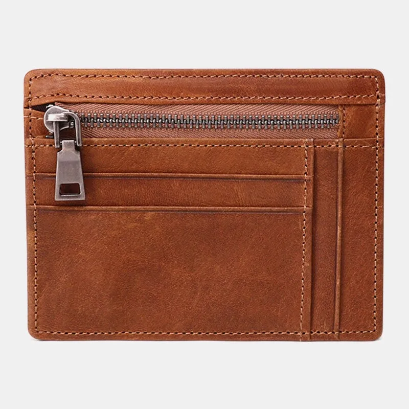 Men Genuine Leather Viintage RFID Blocking Anti-Theft Thin Cash Wallet Zipper Coin Bag