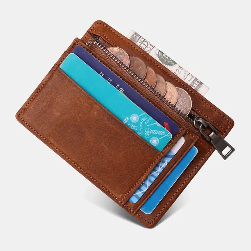 Men Genuine Leather Viintage RFID Blocking Anti-Theft Thin Cash Wallet Zipper Coin Bag