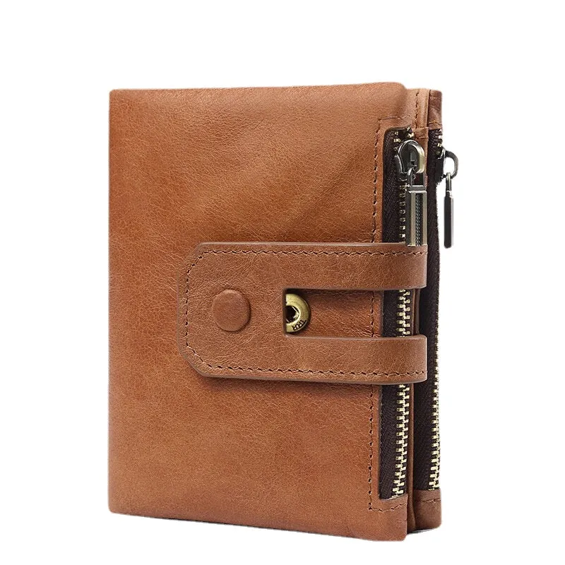 Men Genuine Leather Vintage Multi-slots Card Holder Zipper Anti-theft Small Short Wallet Purse